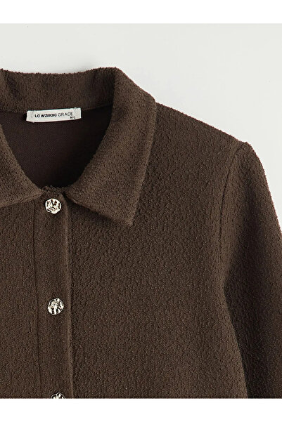 LC Waikiki Καφέ Πλεκτή Ζακέτα Γυναικεία με Υφή Γιακά Πουκαμίσου