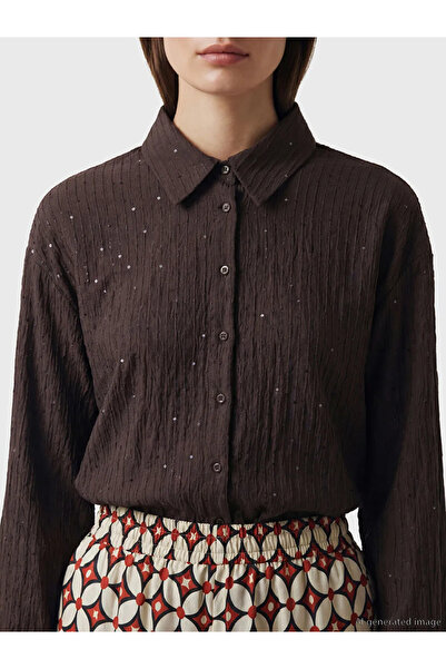 LC Waikiki Καφέ γυναικείο πουκάμισο τουνίκ με υφή και λεπτομέρειες από πούλιες