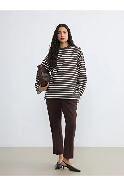 LC Waikiki Εκρού Ριγέ Oversize Γυναικείο Φούτερ Τουνίκ