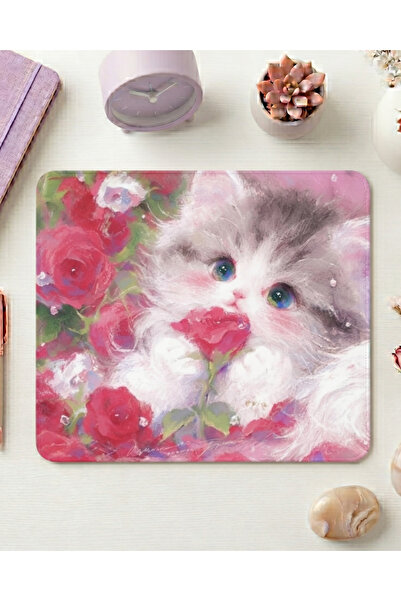 matizya Romantik Kedi Mousepad | Çiçekli Sanatsal Tasarım Masa Pedi 19x23 cm