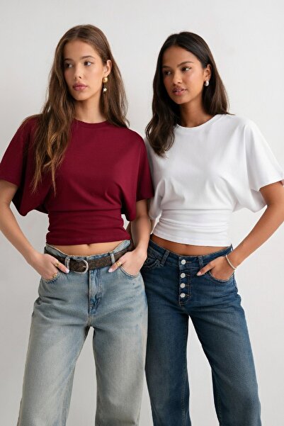 Cockatoo QLAY Γυναικεία μπλούζα βισκόζης με φαρδιά μανίκια σε μπορντό λευκό χ...