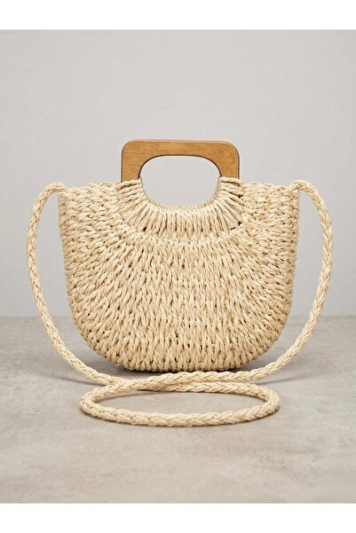 sumoda Γυναικεία Ξύλινη Λαβή Ξύλινη Τσάντα με Ψάθινη Επένδυση Εισαγωγής