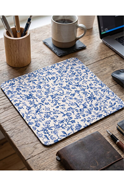 matizya Mavi Çiçek Desenli Mousepad | Vintage Estetik Masa Pedi 19x23 cm