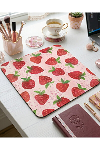 matizya Çilek Desenli Mousepad | Pembe Kawaii Meyve Masa Pedi 19x23 cm