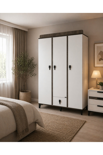 Aktehome Luna 3 Kapılı Gardırop Çekmeceli 120x45x170 cm Beyaz Modern Elbise D...