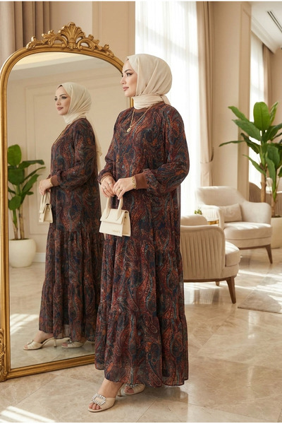 Kirazca Butik Γυναικείο μακρύ φόρεμα με σχέδιο σάλι, από σιφόν, με ντραπέ επέ...