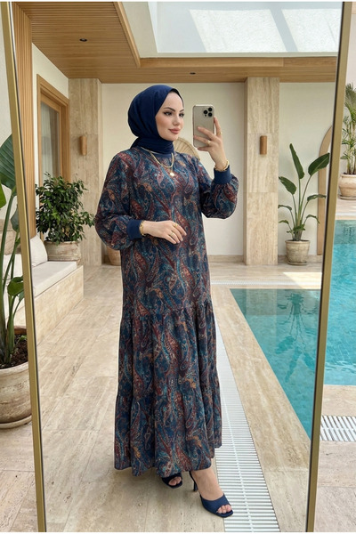 Kirazca Butik Γυναικείο μακρύ φόρεμα με σχέδιο σάλι, από σιφόν, με ντραπέ επέ...