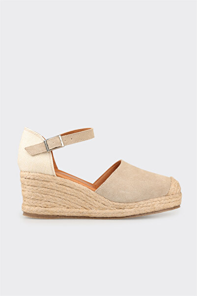 Elle Shoes Bej Deri Kadın Dolgu Topuk Ayakkabı