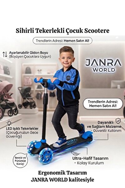 JANRA WORLD 3 Tekerlekli Çocuk Scooter LED Işıklı Ayarlanabilir Gidonlu Kayma...