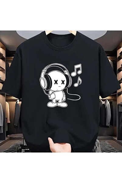 Müzik temalı baskılı %100 saf pamuk yazlık günlük bol kesim artı beden yuvarlak yakalı