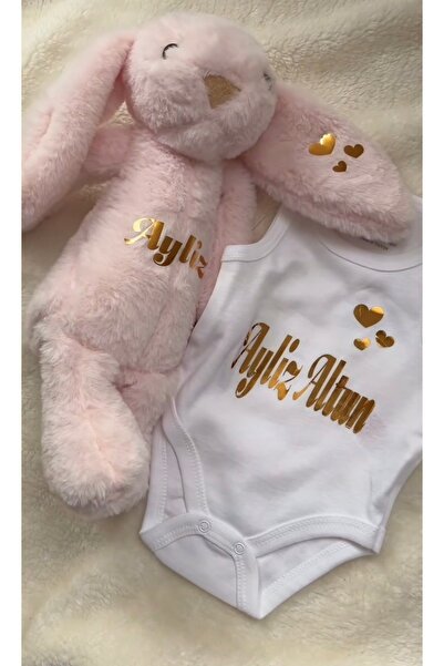 Gökçem hediyelik İsimli peluş tavşan ve 0.3ay zıbın set (ikili takım )