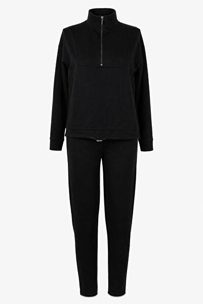 trender Μοντάλ Σετ Γυναικείο Μαύρο με Τσέπη Καγκουρό 2561