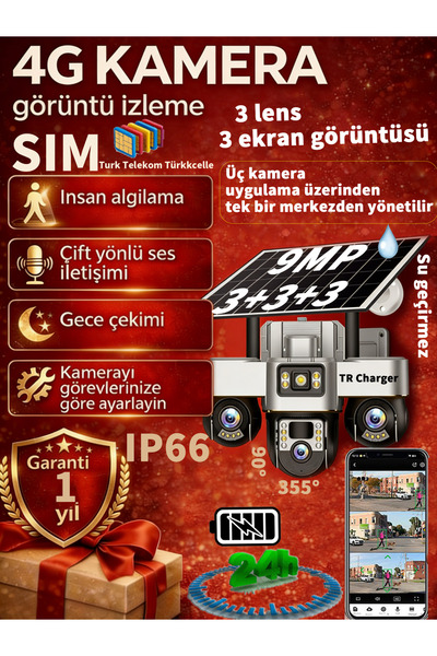 Dobest 3 Kameralı 4K 4G SIM Kartlı Güneş Enerjili 3 Lensli 3PTZ 360° Görüş Ak...