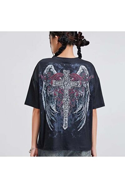 Karakedi Black Vintage Angel Wings Cross Cyber Grunge Unisex T-Shirt