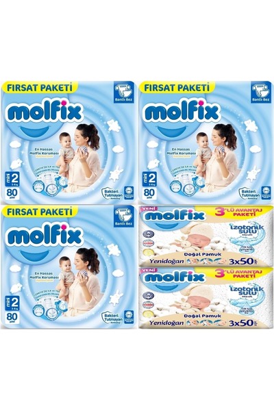 Molfix Bebek Bezi 2 Beden 3-6 KG Mini 240 Adet Aylık Fırsat Pk + 6 Adet Islak...