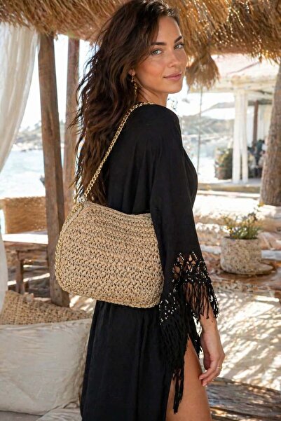 FELLMENS Γυναικεία τσάντα από ψάθα με λουράκι αλυσίδας, πλεκτή στο χέρι, σε χ...