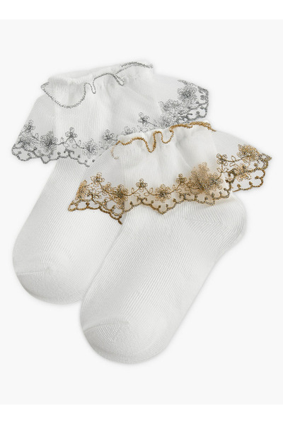 Celeste Pack of 2 Girls Socks Ankle Length Embroidered Accent