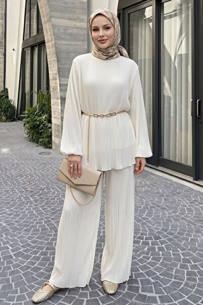 InStyle Σετ Κρεμ Παντελόνι Σιφόν με Πλισέ Παντελόνια