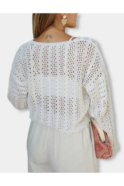 VARENZEA Women's Lace-Up Patterned Openwork 100% Cotton Seasonal Spring/Summer Open Front Knitwear Cardigan Sweater