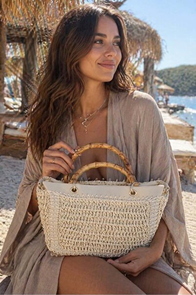 FELLMENS Μπεζ Χειροποίητη Πλεκτή Ψάθινη Γυναικεία Τσάντα με Ξύλινη Λαβή – 30x...