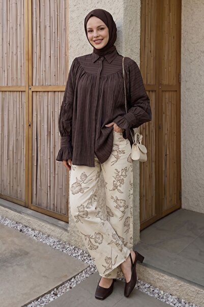 InStyle Πουκάμισο σε απόχρωση καφέ με βολάν στις μανίκια