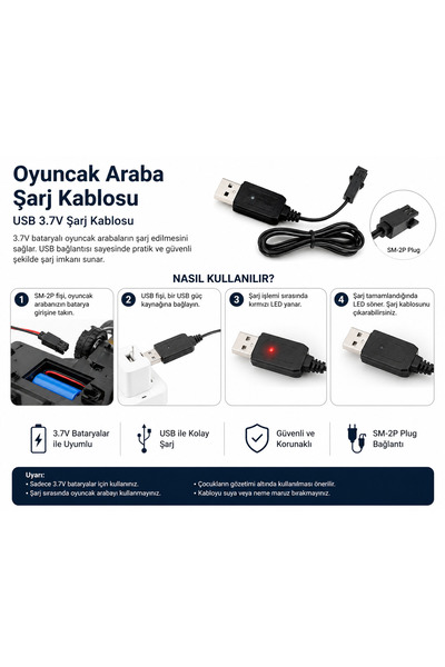 instatech 3.7V Oyuncak Araba USB Şarj Kablosu SM-2P Plug Li-ion Batarya Şarj ...