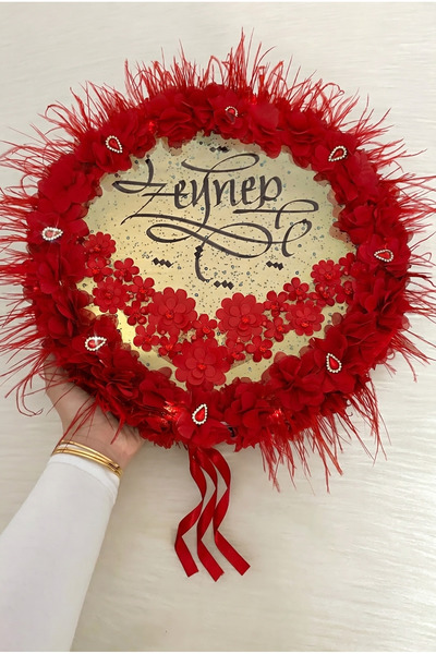 ZEYMERADE Kırmızı Ledli Gelin Tefi 32cm, Üç Boyutlu Çiçekli Tüylü Ve Parlak T...