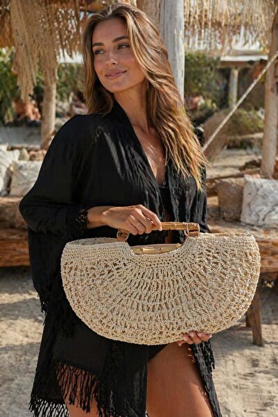 FELLMENS Μπεζ Χειροποίητη Πλεκτή Ψάθινη Γυναικεία Τσάντα με Ξύλινη Λαβή – 40x...