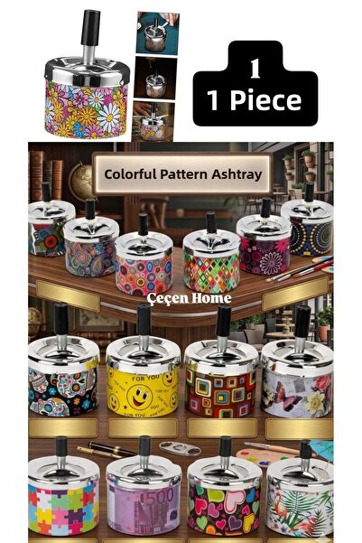 ÇEÇEN HOME (1 Τεμάχιο) Στρογγυλό Μεταλλικό Τασάκι με Μικτά Σχέδια και Περιστρ...