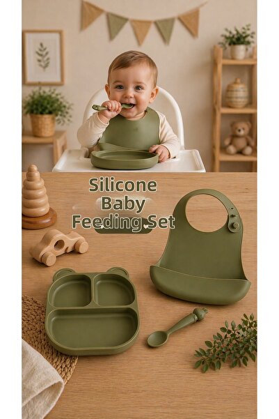 PONÇİK BEBEK Baby Silicone Feeding Set Plate - Bib - Spoon - 3 Pieces