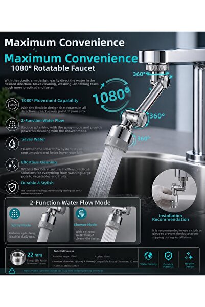 KENLY 1080 °   Rotatable Faucet Head, 2-Mode Water-Saving Stainless Spiral Fa...