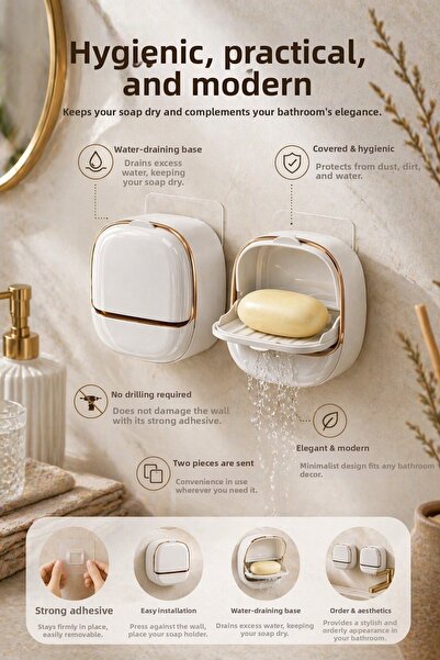 DİVAYS Soap Dish with Water Drain and Lid, Wall Mounted Adhesive Soap Box, Se...