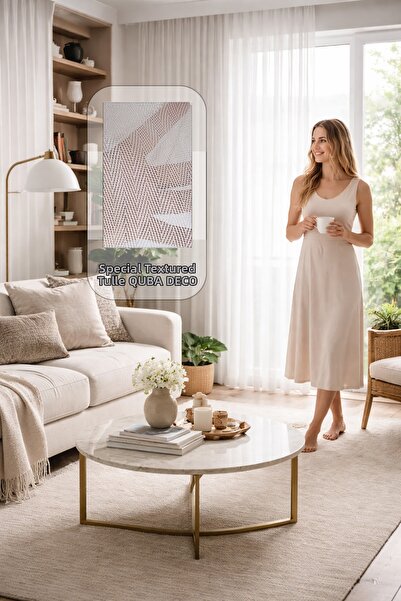 QUBA DECO Κομψή κουρτίνα από τούλι με σχέδιο ψαροκόκαλο, βαρύ ύφασμα, χωρίς ν...