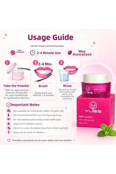 YUES Pap+ Powder Teeth Whitening Powder 12 g Mint Flavored Teeth Cleaning and Whitening Powder