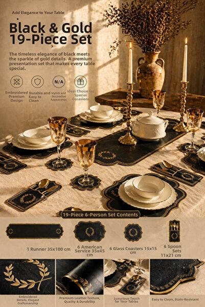 Anadolu Saray Σετ 6 Ατόμων, 19 Τεμαχίων, Μαύρο Χρυσό Δερμάτινο Αμερικάνικο Σε...