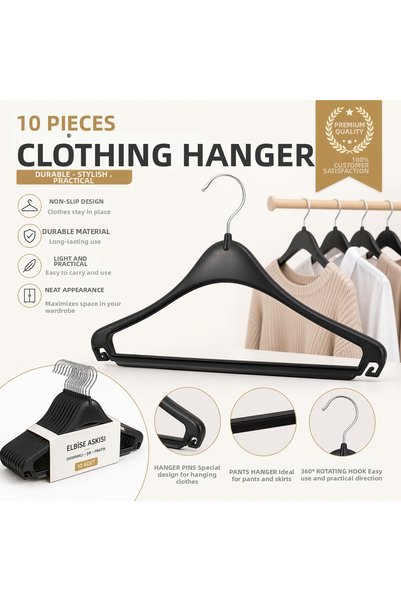 ÖZKAHRA TEKSTİL 10 Pieces of Black Plastic Durable Hangers – for Daily Use & Wedding Dress Hangers