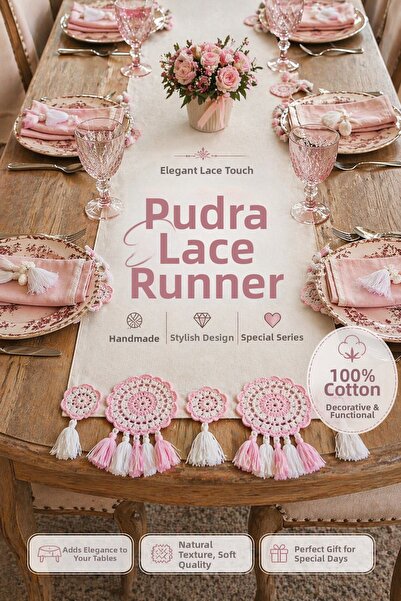 Sister Home Design Față de masă din dantelă pudră, 100% bumbac, lucrată manua...