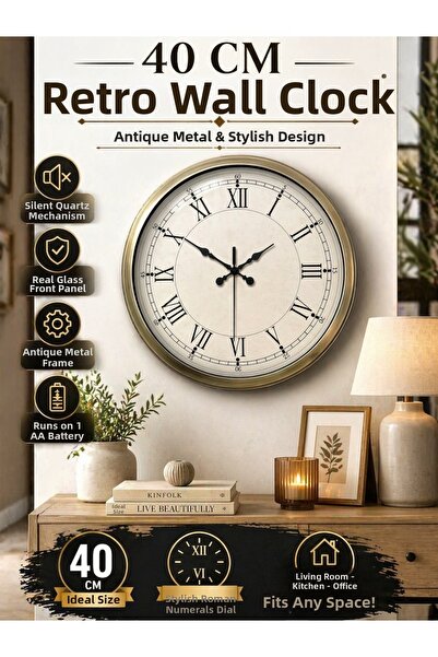 KOLAYEV 40 cm Antique Metal Retro Wall Clock with Roman Numerals Silent Mecha...