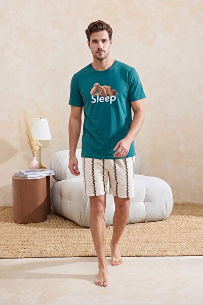 Συλλογή Trendyol Πράσινο σετ πιτζάμες από βαμβάκι με στάμπα αρκουδάκι σε κανο...