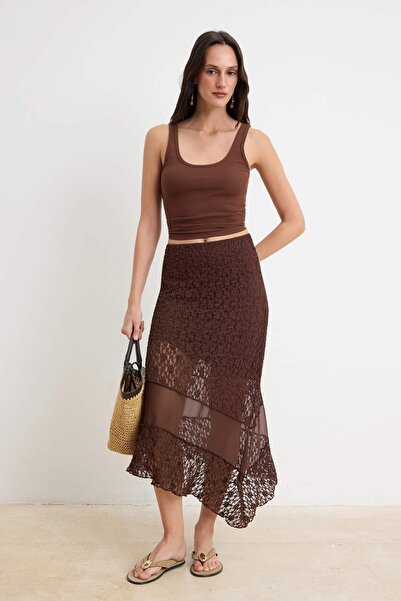 Συλλογή Trendyol Καφέ Φούστα σε γραμμή Α/σχήμα Καμπάνα Ασύμμετρη Κανονική Μέσ...