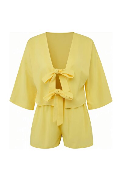 Συλλογή Trendyol Κίτρινο υφαντό 100% βαμβακερό πουκάμισο Σορτς Σετ παραλίας T...