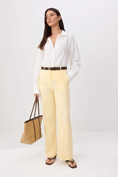 Συλλογή Trendyol Ανοιχτό κίτρινο παντελόνι από 100% λινό με ίσια μπατζάκια TW...