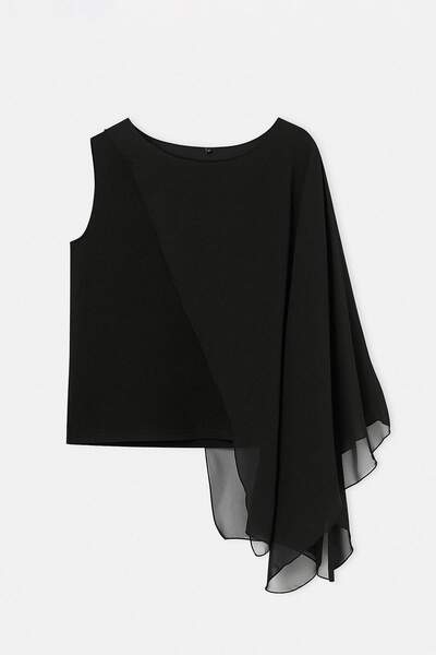 Trendyol Curve Μαύρη μπλούζα από σιφόν με λεπτομέρεια πλεκτού μισού μανδύα κα...