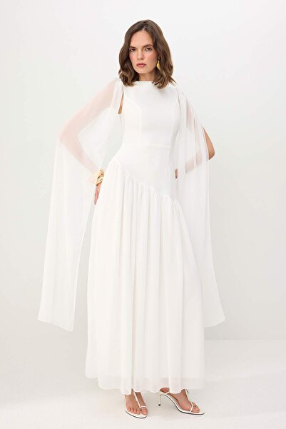 Συλλογή Trendyol Λευκό σιφόν σάλι με λεπτομέρεια ίσιο μάξι με φόδρα Κομψό φόρ...