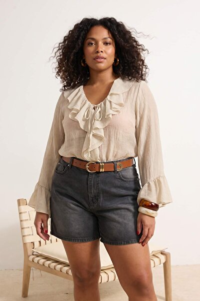 Trendyol Curve Μαύρο σορτς τζιν με ψηλή ελαστική μέση City Boy 100% βαμβακερό...