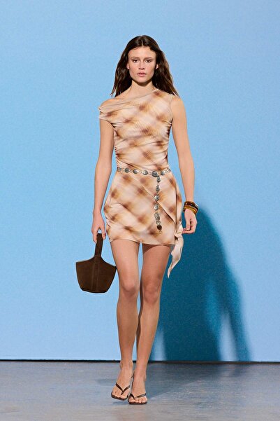 Συλλογή Trendyol Limited Edition Πολύχρωμο Καρό Bodycon Ασύμμετρο Γιακά Αμάνι...