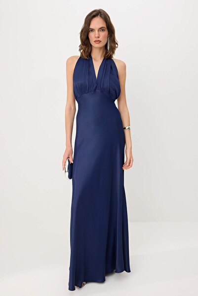 Συλλογή Trendyol Μπλε ναυτικό σατέν μάξι βραδινό φόρεμα & φόρεμα αποφοίτησης ...