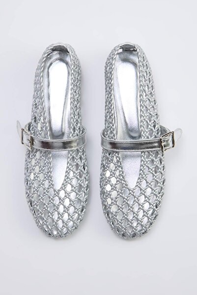 TRENDYOL SHOES Silberne gestrickte Damen-Mary-Jane-Ballerinas TAKSS26BE00019