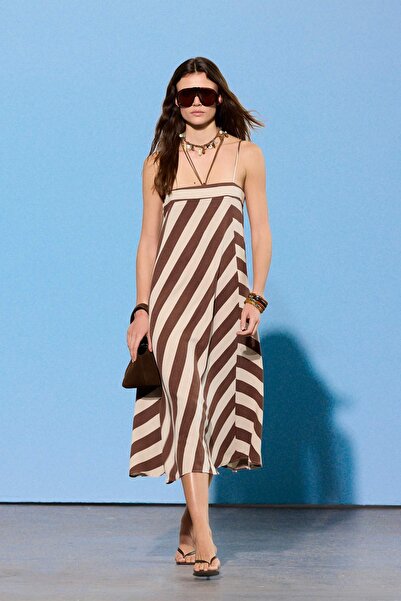Trendyol Collection Limited Edition Multi-Colored Brown Striped Midi Woven Dr...