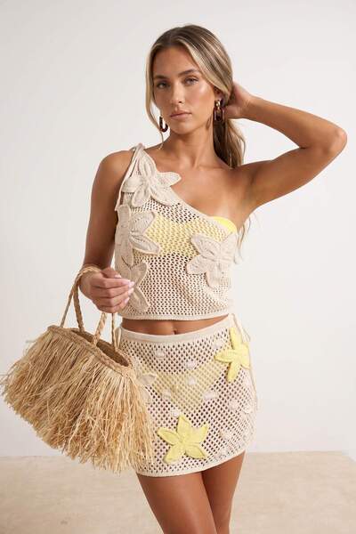 Συλλογή Trendyol Μπεζ Πλεκτό δαντελωτή πλέξη Μίνι Φούστα Παραλίας με Απλικέ Λ...